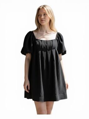 HALARA Black Puff-Sleeve Square-Neck Open Tie Back Mini Dress